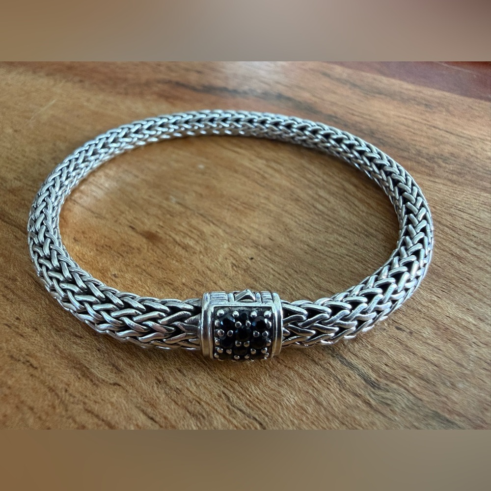 John Hardy Iconic Woven 925 Silver Pave Black Sapphire Clasp Bracelet Size M